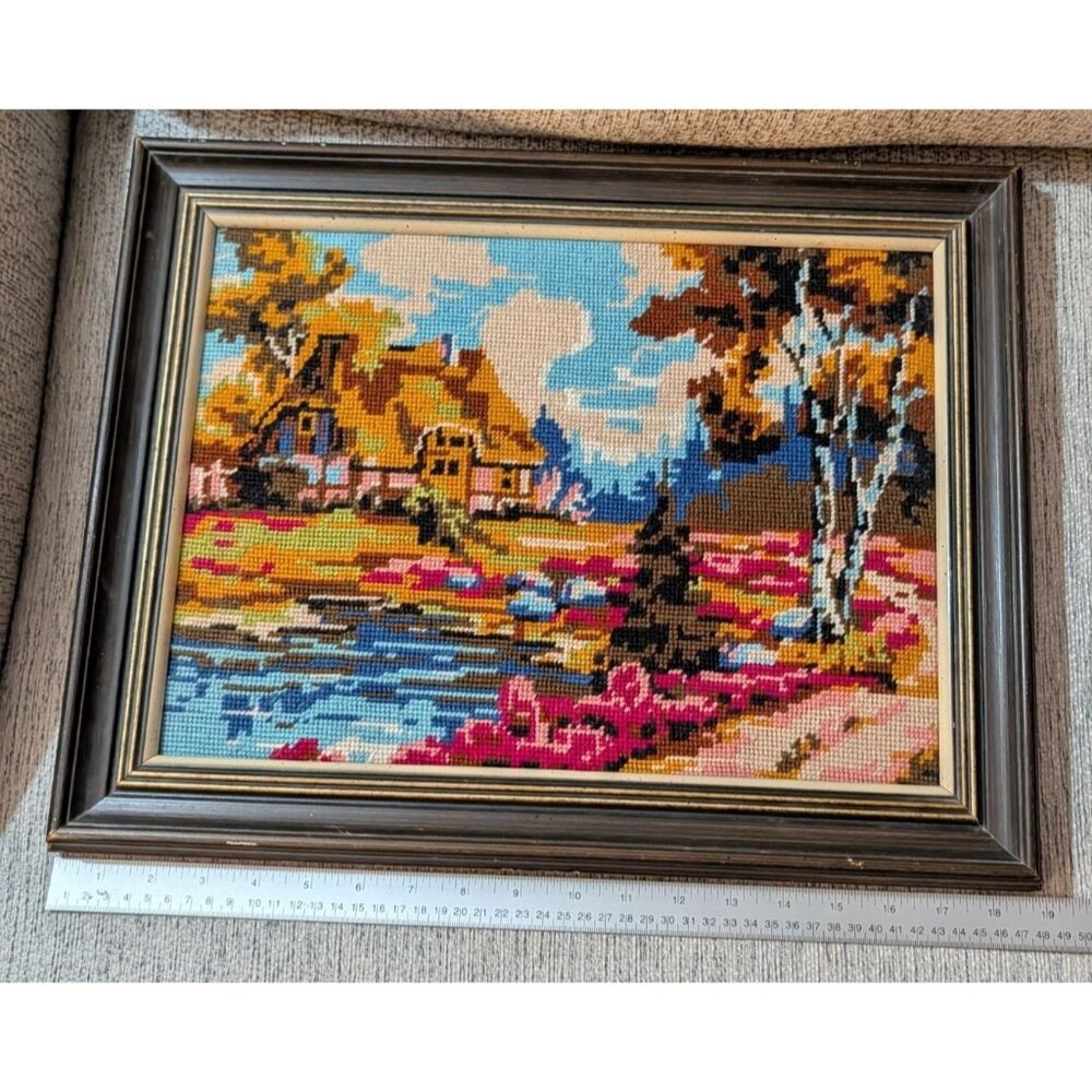 Vintage Needlepoint Tapestry Framed Scenic Landscape Art Piece 14.5x18.5 Inches - Picture 9 of 16